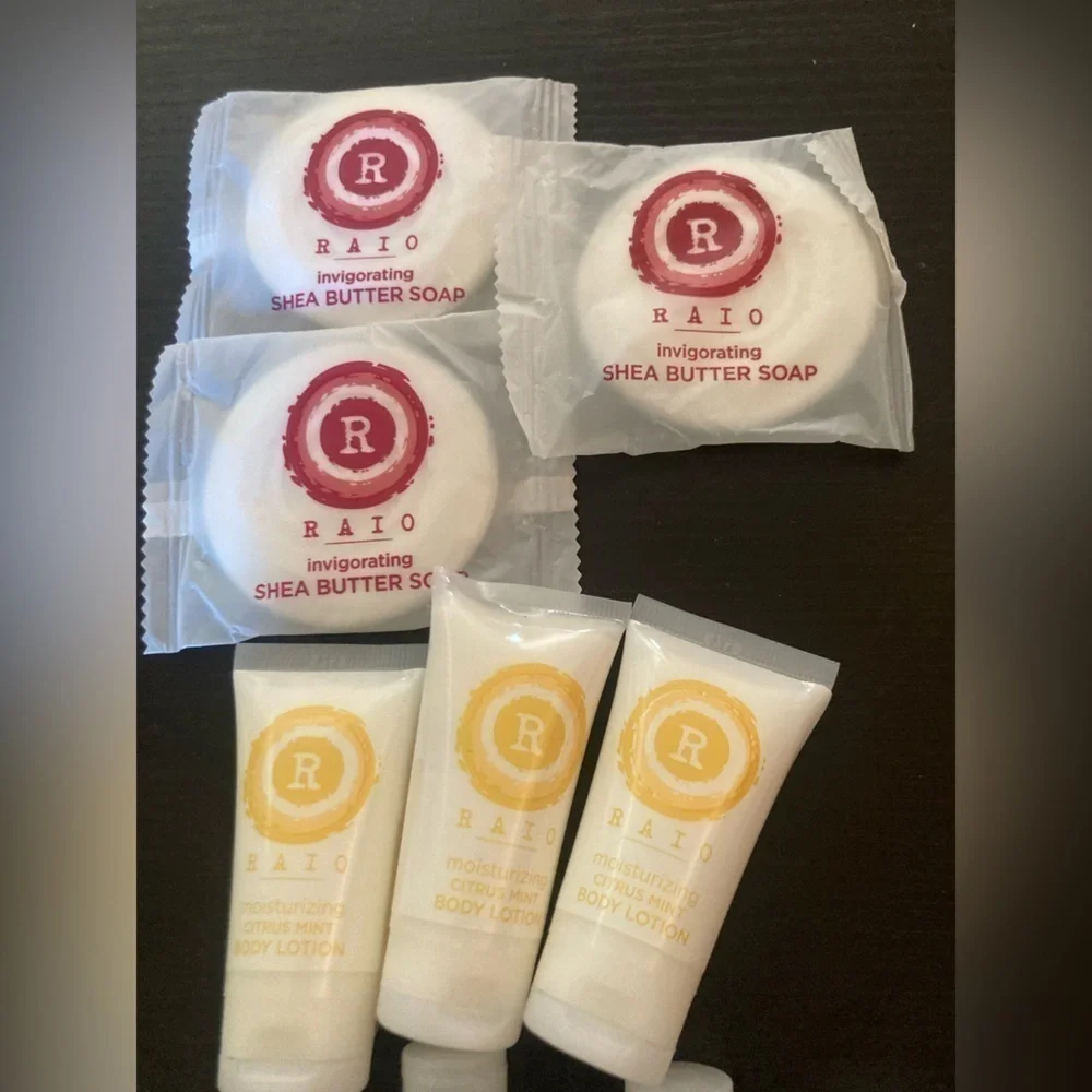 4/$25 RAIO Travel Toiletries Set. 3 soaps, 3 body lotions,2 shampoos & 2 cond.